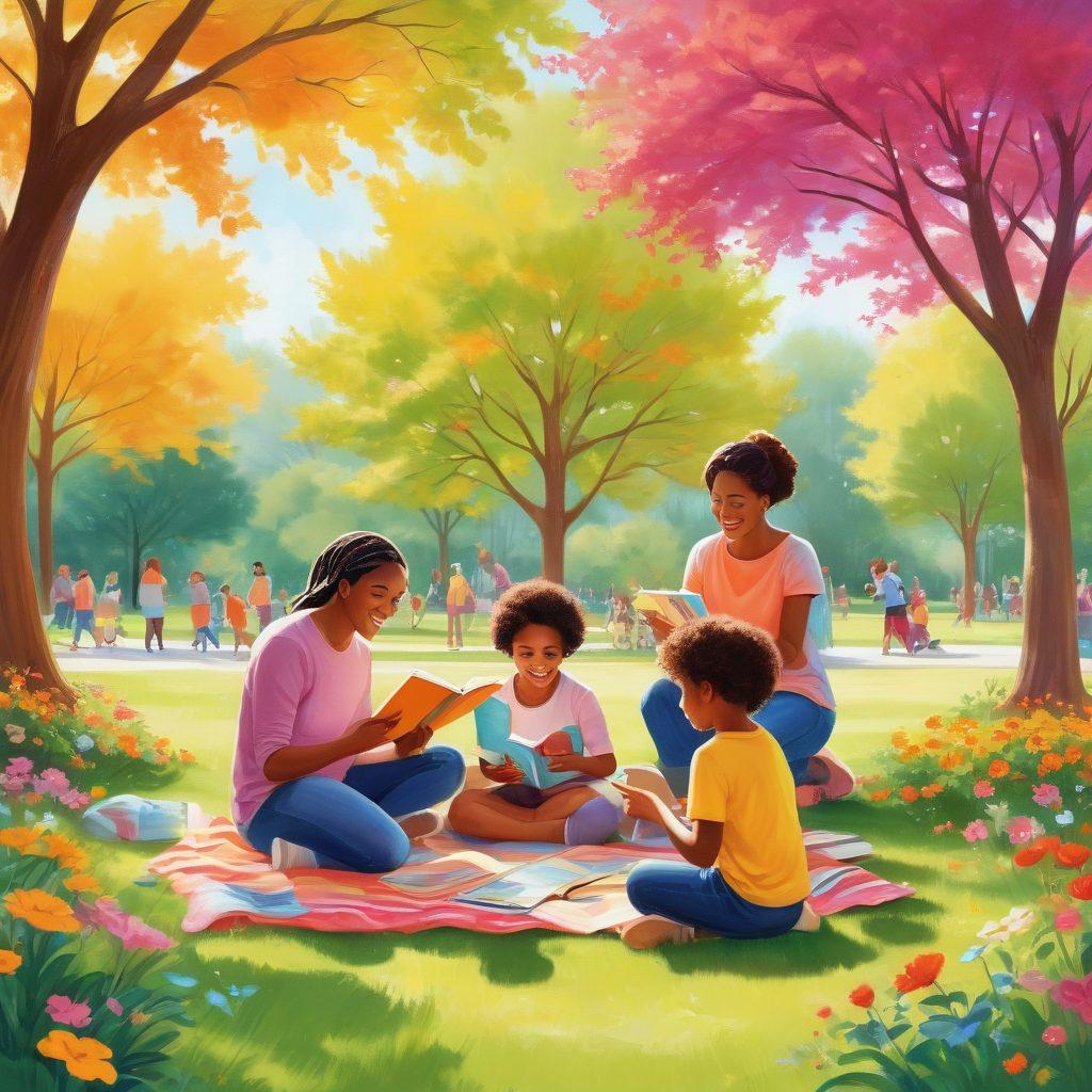 A warm and nurturing scene depicting a diverse group of parents engaging playfully with their children in a colorful park, showcasing activities like reading, arts and crafts, and outdoor games. Bright trees and flowers surround them, symbolizing growth and development. The atmosphere should feel joyful and supportive, emphasizing connections and learning. vibrant colors. soft focus. illustration.
