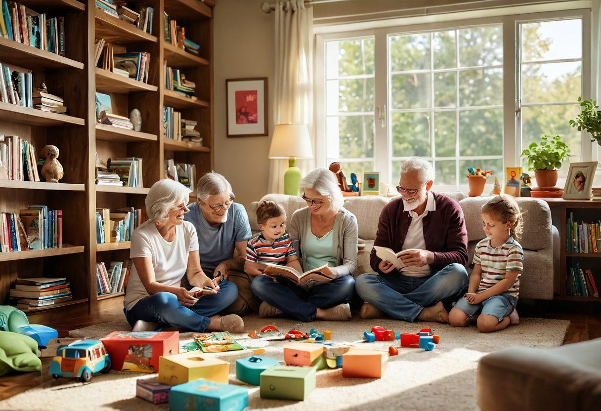 A warm and inviting family scene depicting parents, grandparents, and children engaged in a fun learning activity together in a cozy living room. Colorful educational toys scattered around, with bookshelves filled with children's books in the background. Soft sunlight filters through a window, creating a cheerful atmosphere. Emphasize strong familial bonds through smiles and interactions. bright colors. cozy style. vibrant textures.