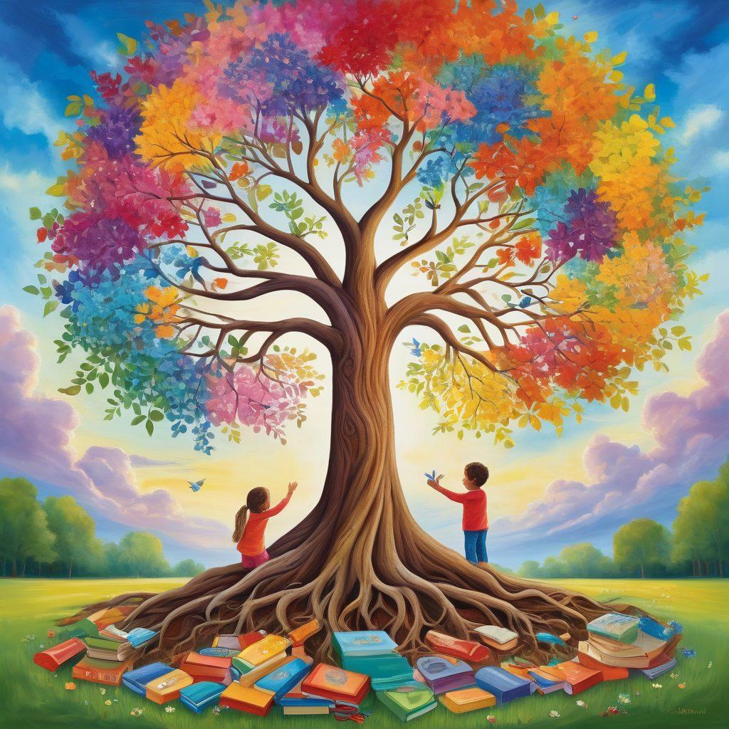 A serene illustration of a young tree symbolizing child development, with strong roots representing family support. Surrounding the tree are nurturing hands, colorful toys, books, and vibrant flowers, blending nature and education. The sky above is bright and filled with hope, symbolizing growth and potential. The scene conveys warmth, love, and a sense of community. vibrant colors. painting.